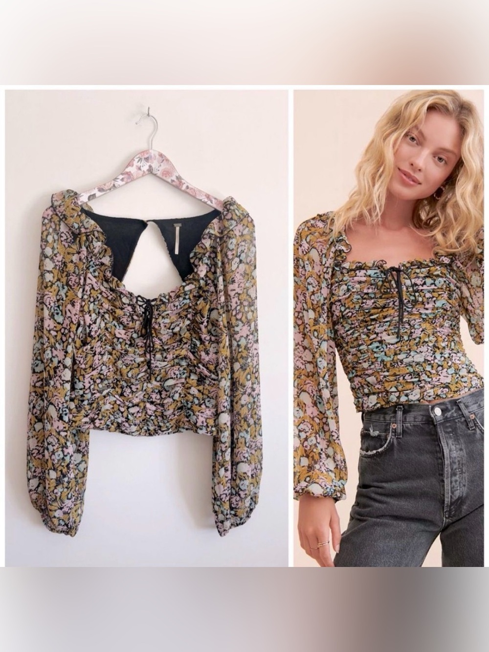 Free People Floral Smocked Tie-Front Long Sleeve Crop Top - Black, Pink, Olive
